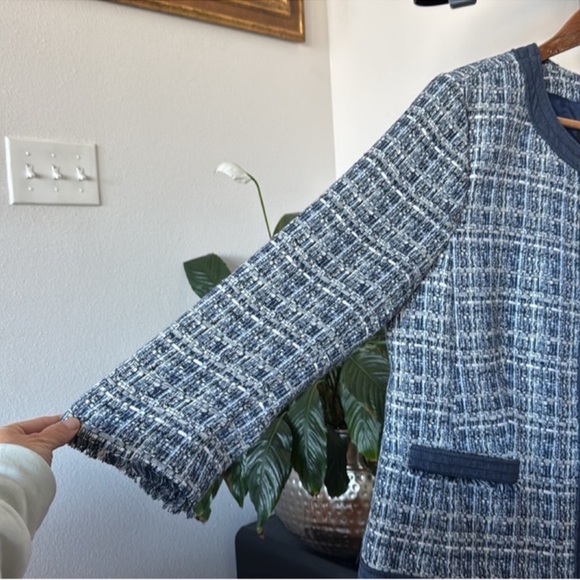 Talbots Tweed Crew Chambray trim Blazer Jacket Sz 16/XL Navy Blue White Fringe - Picture 8 of 16